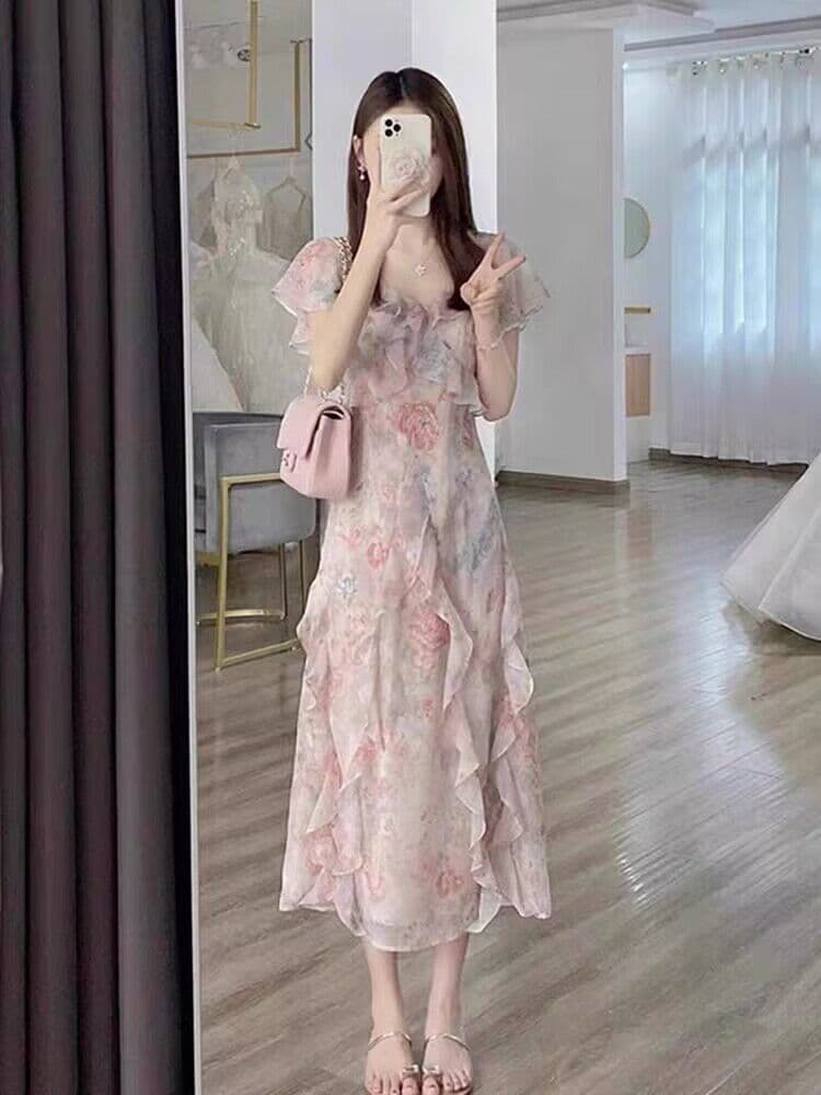 프랑스식 쉬폰 핑크색 꽃무늬 여성 드레스 여름 2025 새로운 작은 키 고급 센스 해변가 휴가 길다 치마