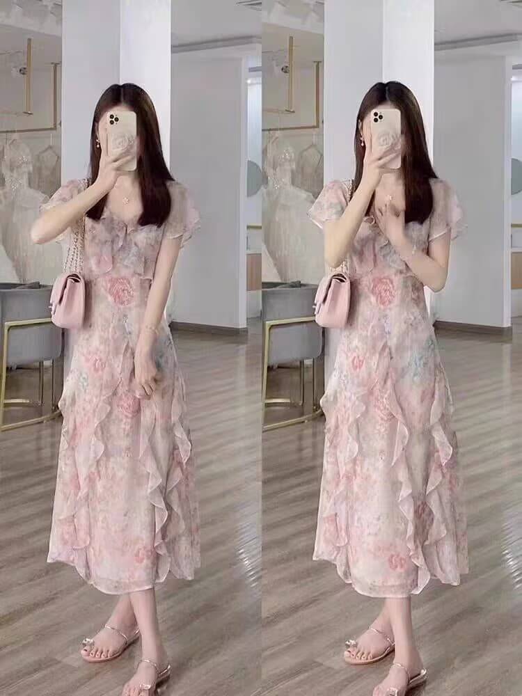 프랑스식 쉬폰 핑크색 꽃무늬 여성 드레스 여름 2025 새로운 작은 키 고급 센스 해변가 휴가 길다 치마 이미지 2