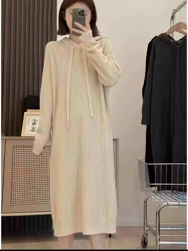 롱 코트 만나는 니트 여성 드레스 가을 겨울 새로운 경기 코트 인사이드 가져 가라. 루즈핏 느긋한 후드 티 스웨터 스웨터 드레스 이미지 2