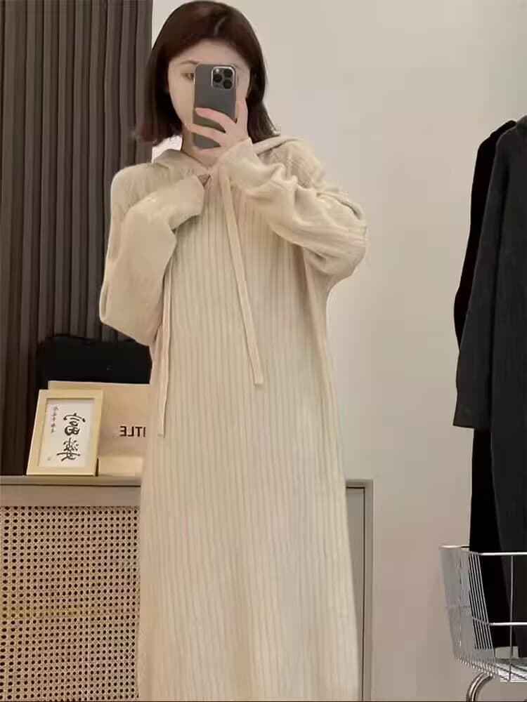 롱 코트 만나는 니트 여성 드레스 가을 겨울 새로운 경기 코트 인사이드 가져 가라. 루즈핏 느긋한 후드 티 스웨터 스웨터 드레스 상세 이미지 2