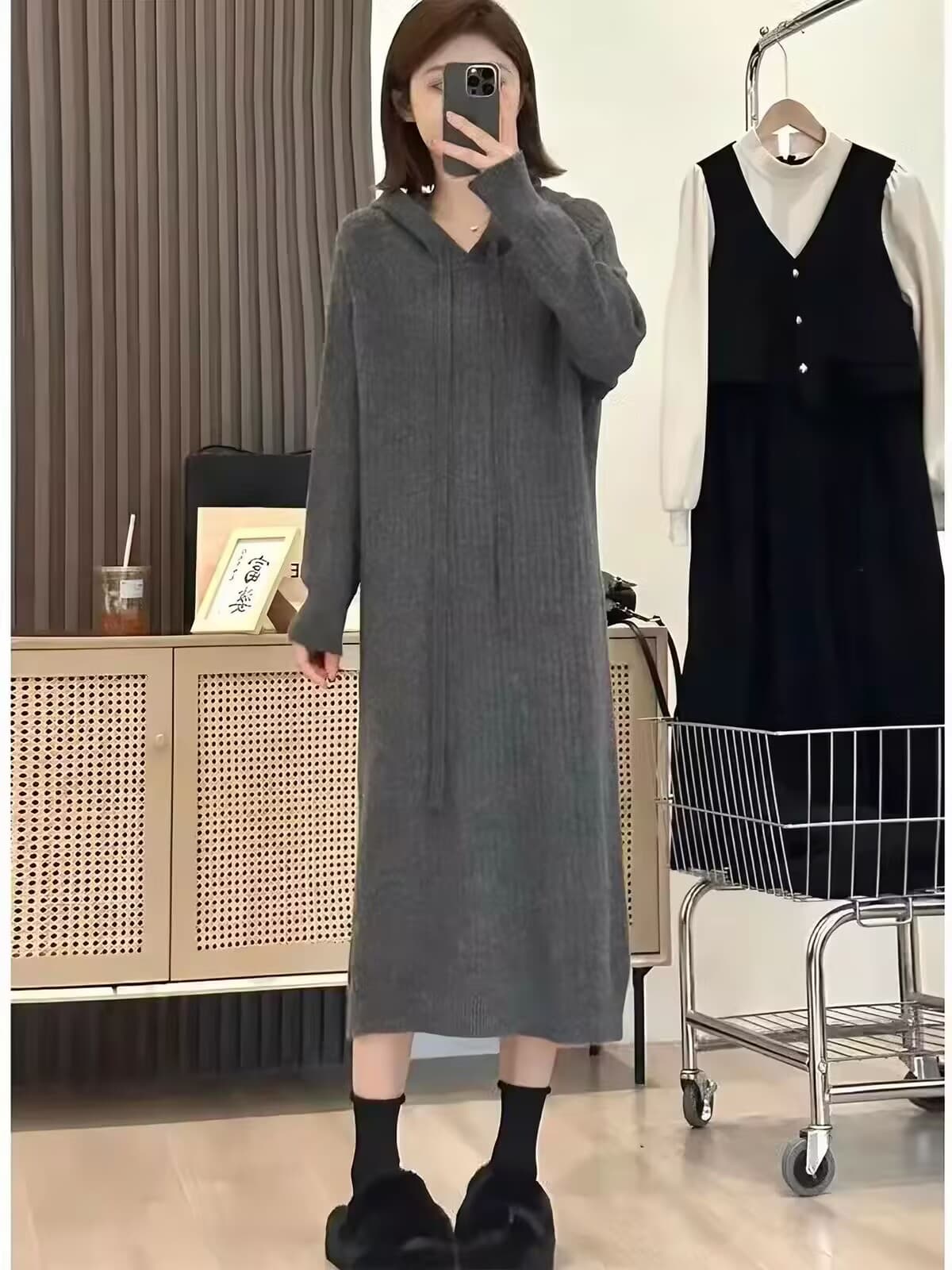 롱 코트 만나는 니트 여성 드레스 가을 겨울 새로운 경기 코트 인사이드 가져 가라. 루즈핏 느긋한 후드 티 스웨터 스웨터 드레스 상세 이미지 3