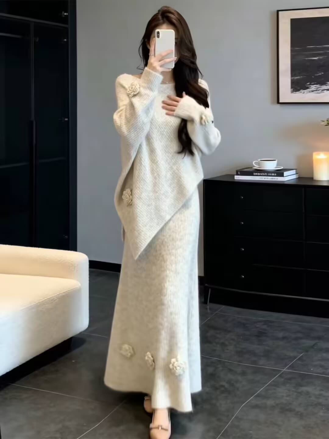 한 부서 부드러운 바람 패션 니트 반신 치마 세트 여성 가을 겨울철 루즈핏 슬림해 보이는 품격 스웨터 세트 치마 상세 이미지 2