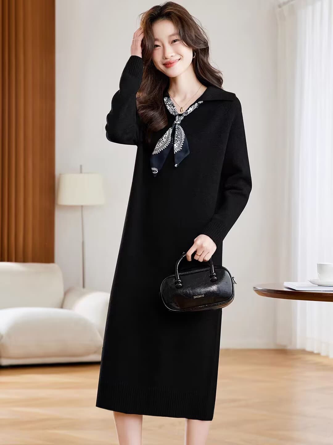 느긋한 바람 V넥 니트 여성 드레스 가을 겨울 2026 새로운 슬림해 보이는 품격 인사이드 가져 가라. 스웨터 롱 스커트 경기 코트 이미지 2
