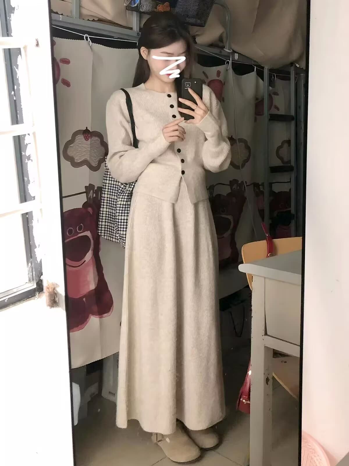 한 부서 고급 센스 니트 여성 드레스 2026 새로운 패션 품격 롱 스커트 가을 겨울 ootd 착용 가져 가라. 전체 집합 이미지 2