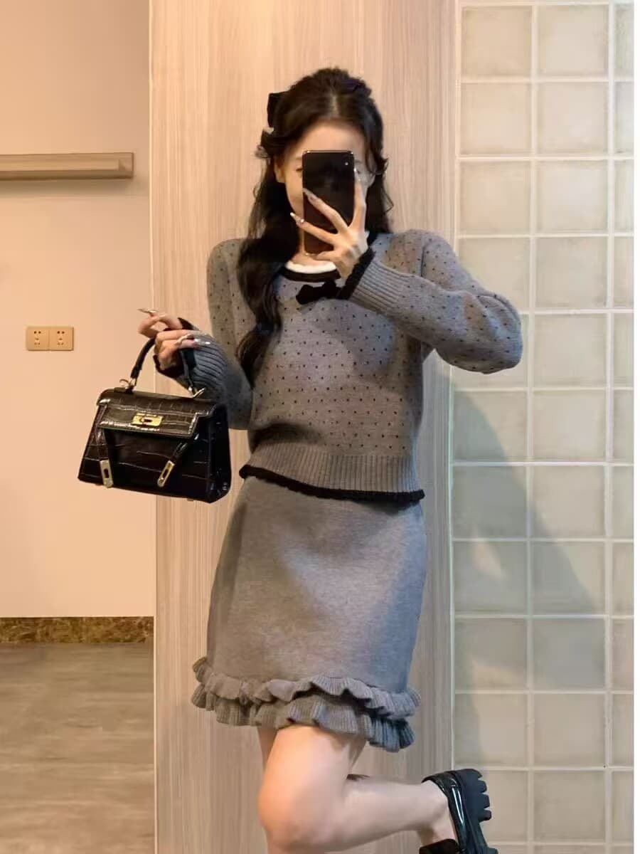 소보 무곡 도트 무늬 레이스 나비 매듭 스웨터 느긋한 긴팔 맨위 미니 스커트 세트 이미지 2
