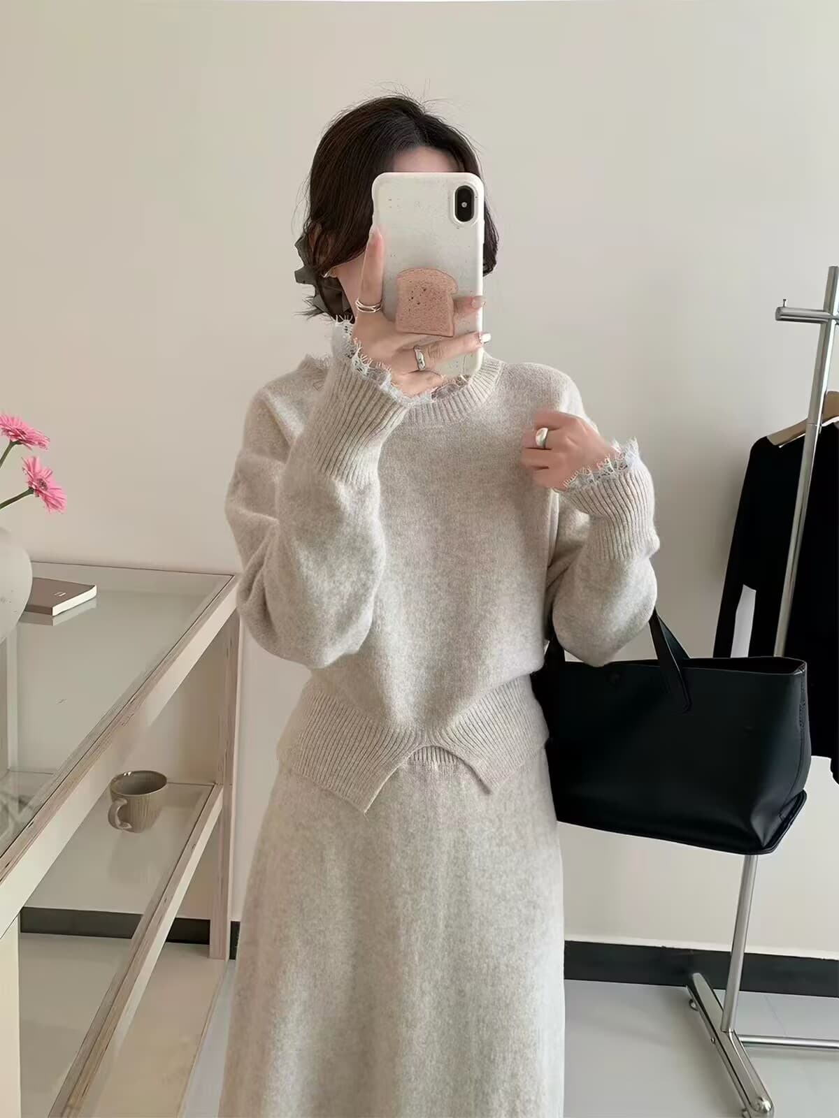 겨울 의류 코디 전체 집합 고급 센스 슈퍼 잘 생긴 스웨터 반신 스커트 여성 가을 겨울 소금 부서 빛 요리 한 투피스 슈트 이미지 4