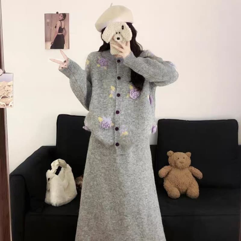 2026 가을 겨울 새로운 느긋한 바람 3 차원 꽃 스웨터 반신 치마 세트 여성 외국 가스 슬림해 보이는 코디 전체 집합 이미지 5