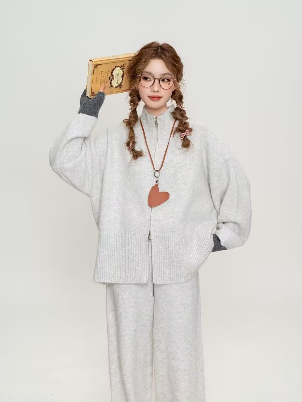 느긋한 바람 캐주얼 전체 집합 여성 의류 가을 겨울 새로운 루즈핏 스웨터 니트 오픈 가디건 와이드 레그 팬츠 투피스 세트 이미지 2