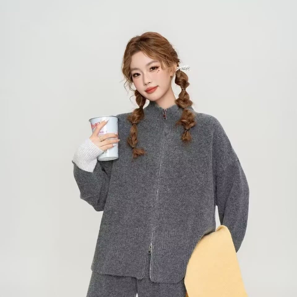느긋한 바람 캐주얼 전체 집합 여성 의류 가을 겨울 새로운 루즈핏 스웨터 니트 오픈 가디건 와이드 레그 팬츠 투피스 세트 이미지 5