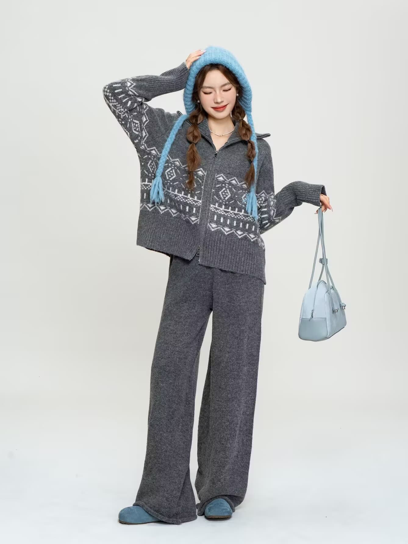 느긋한 바람 가을 겨울 새로운 양모 니트 스웨터 폴로 칼라 루즈핏 지퍼 재킷 캐주얼 와이드 레그 팬츠 두 조각 여성 세트 이미지 3
