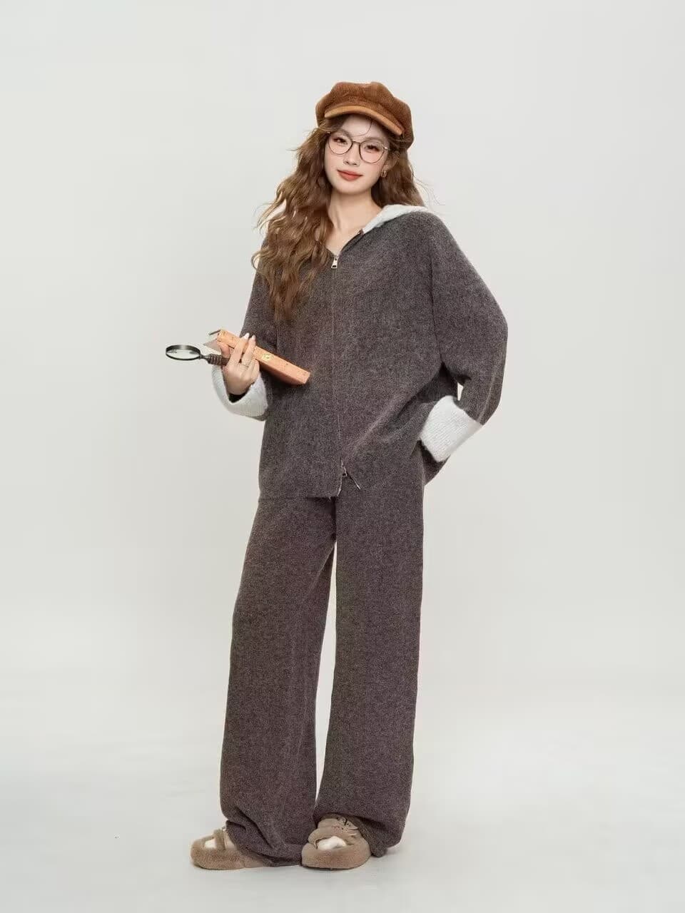 느긋한 바람 캐주얼 전체 집합 여성 의류 가을 겨울 새로운 루즈핏 스웨터 니트 오픈 가디건 와이드 레그 팬츠 두 조각 이미지 3