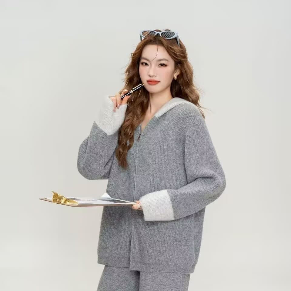 느긋한 바람 캐주얼 전체 집합 여성 의류 가을 겨울 새로운 루즈핏 스웨터 니트 오픈 가디건 와이드 레그 팬츠 두 조각 이미지 5