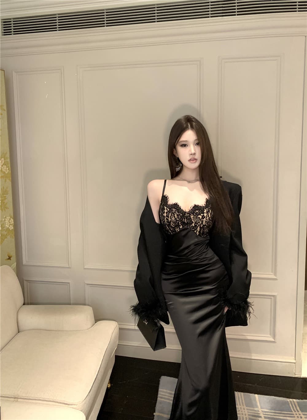 실사 순수한 욕망 섹시함 검정색 V넥 슬립 드레스 고급 센스 자수 레이스 조각 명문 여성 작은 드레스 상세 이미지 4