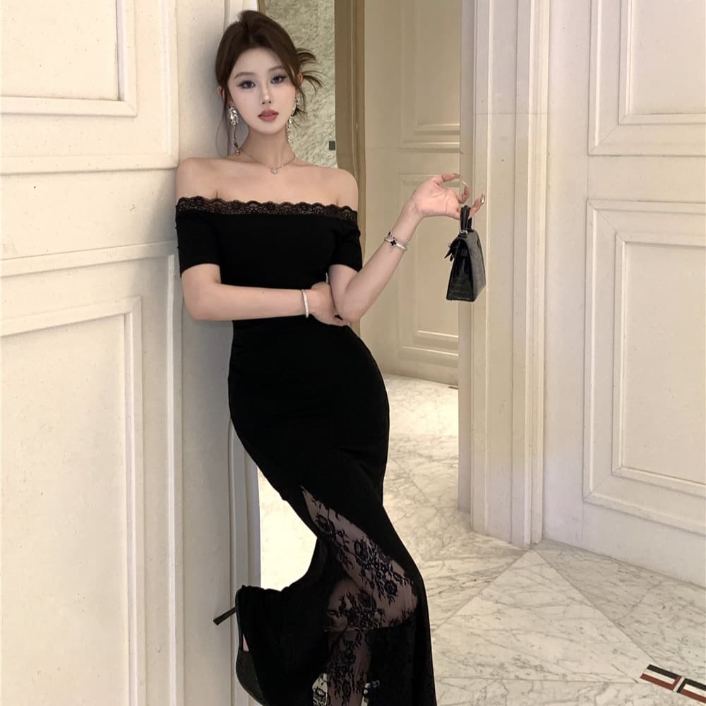 실사 프랑스식 오프숄더 검정색 드레스 로얄 자매 레이스 조각 몸매 가꾸기 타이트 스커트 치마 롱 스커트