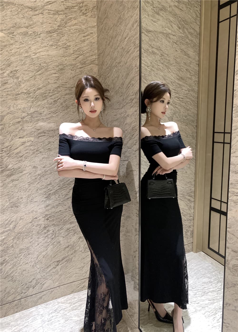 실사 프랑스식 오프숄더 검정색 드레스 로얄 자매 레이스 조각 몸매 가꾸기 타이트 스커트 치마 롱 스커트 상세 이미지 1