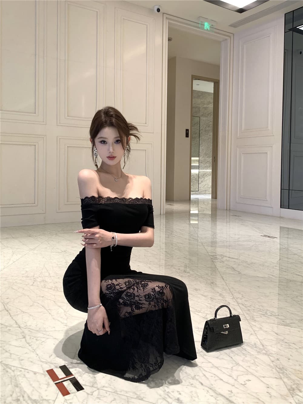 실사 프랑스식 오프숄더 검정색 드레스 로얄 자매 레이스 조각 몸매 가꾸기 타이트 스커트 치마 롱 스커트 상세 이미지 3