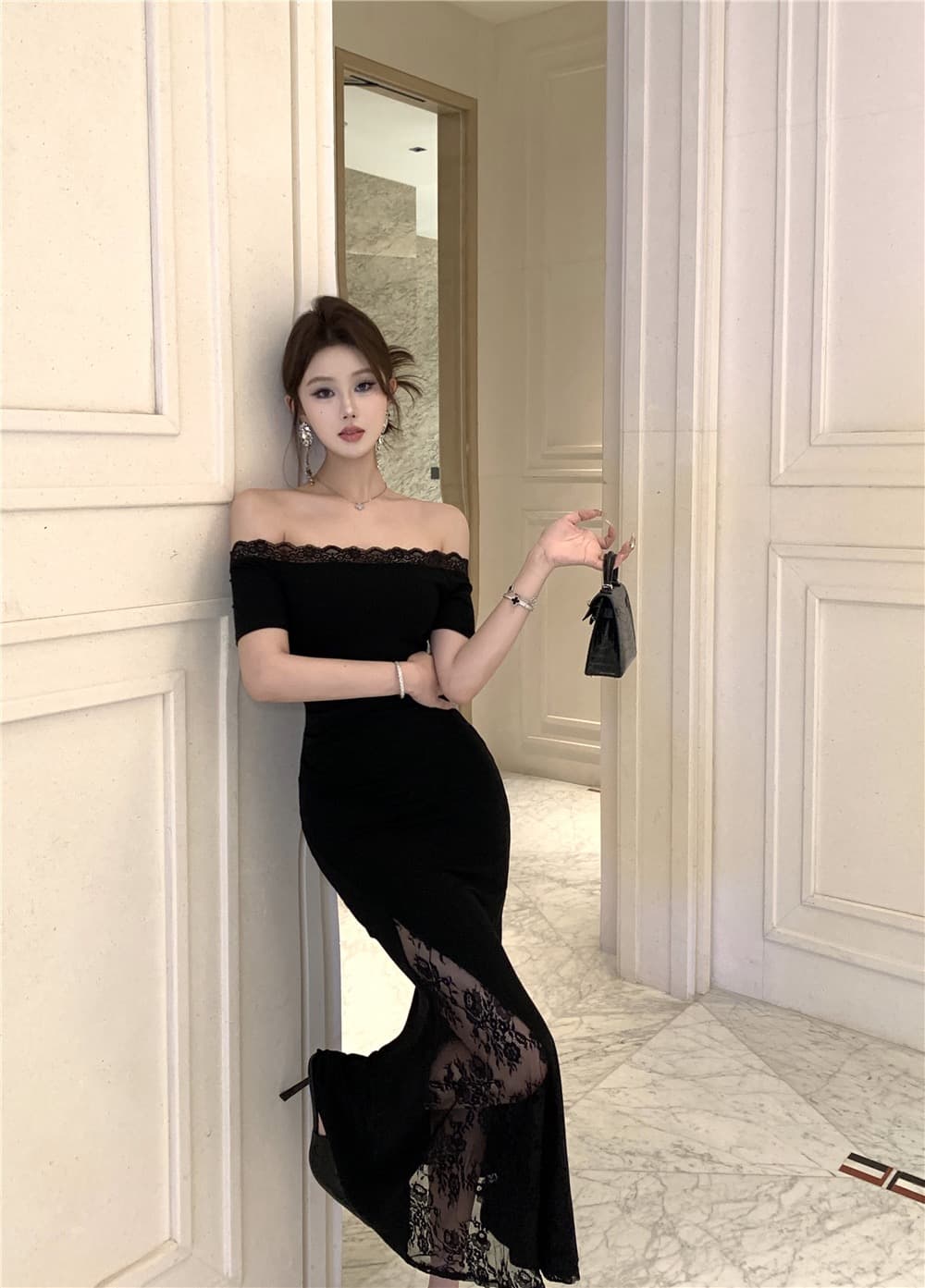 실사 프랑스식 오프숄더 검정색 드레스 로얄 자매 레이스 조각 몸매 가꾸기 타이트 스커트 치마 롱 스커트 상세 이미지 4
