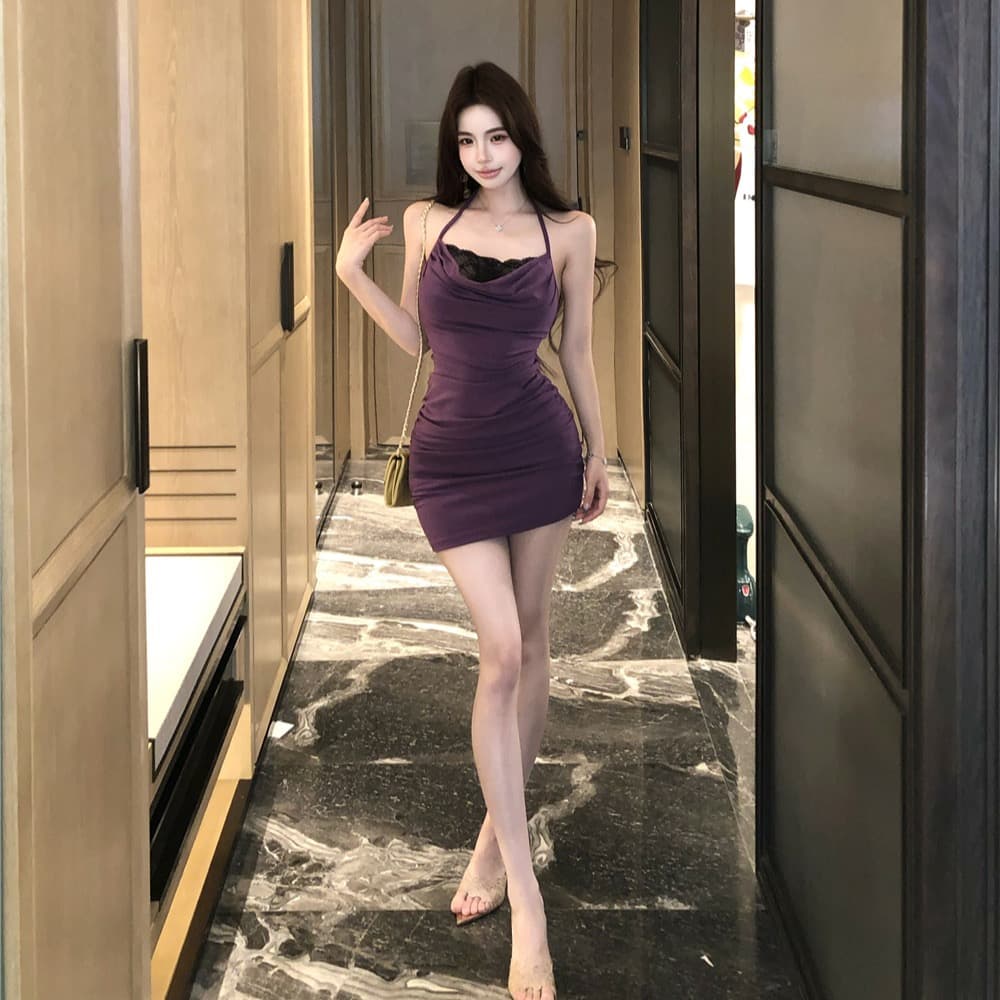 실사 순수한 욕망 섹시함 작은 키 페이크 레이어드 행침 목 스트랩 백리스 레이스 조각 주름 타이트 스커트 드레스 이미지 3