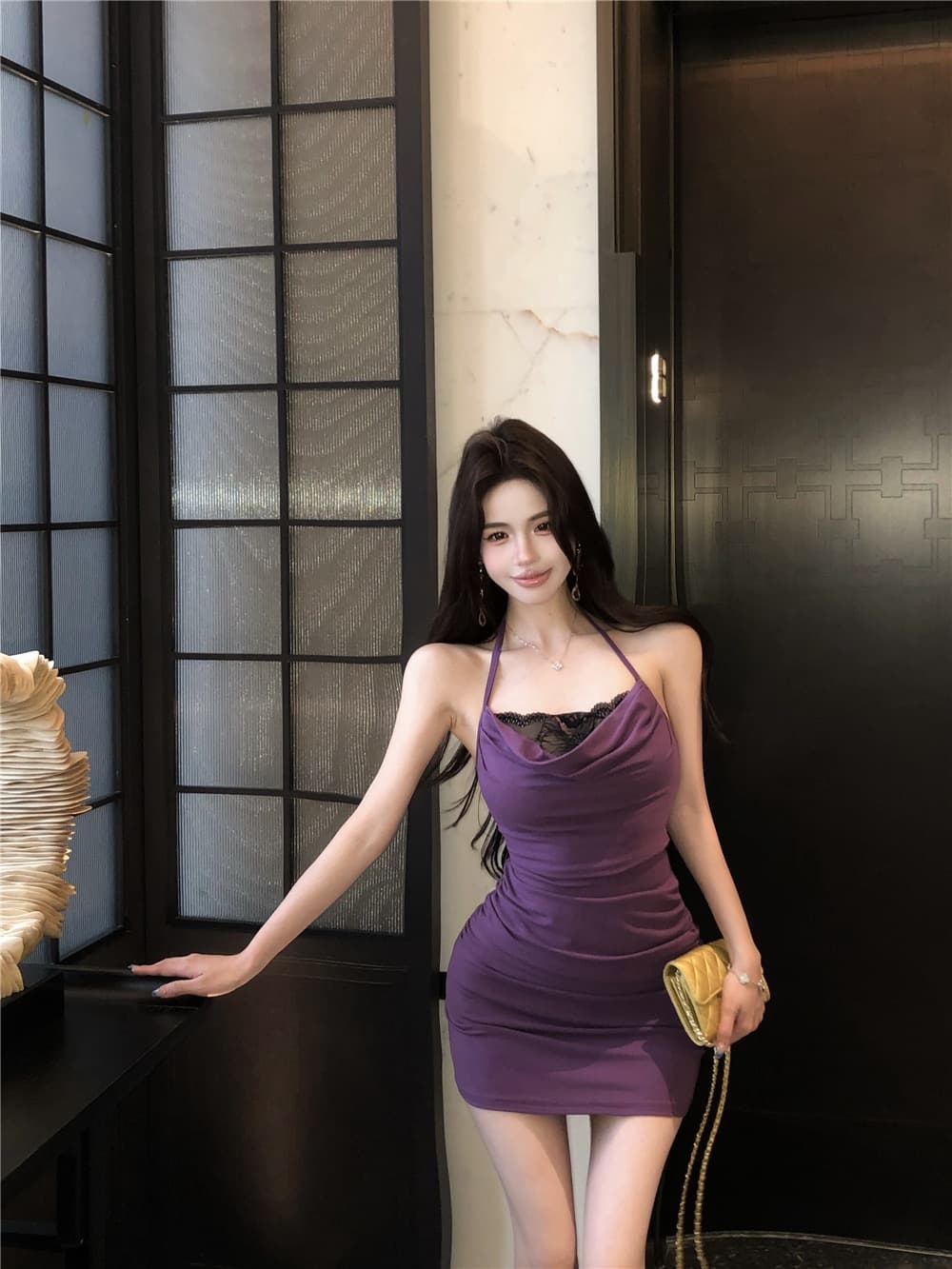 실사 순수한 욕망 섹시함 작은 키 페이크 레이어드 행침 목 스트랩 백리스 레이스 조각 주름 타이트 스커트 드레스 상세 이미지 1