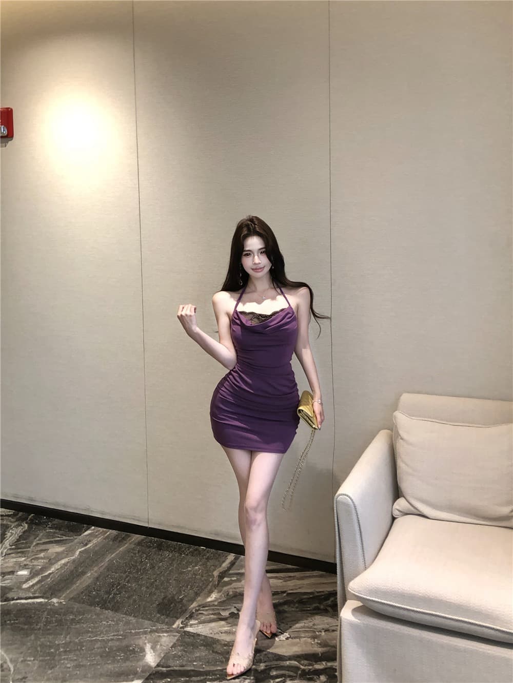 실사 순수한 욕망 섹시함 작은 키 페이크 레이어드 행침 목 스트랩 백리스 레이스 조각 주름 타이트 스커트 드레스 상세 이미지 4