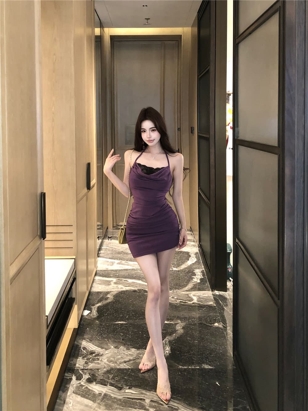 실사 순수한 욕망 섹시함 작은 키 페이크 레이어드 행침 목 스트랩 백리스 레이스 조각 주름 타이트 스커트 드레스 상세 이미지 10