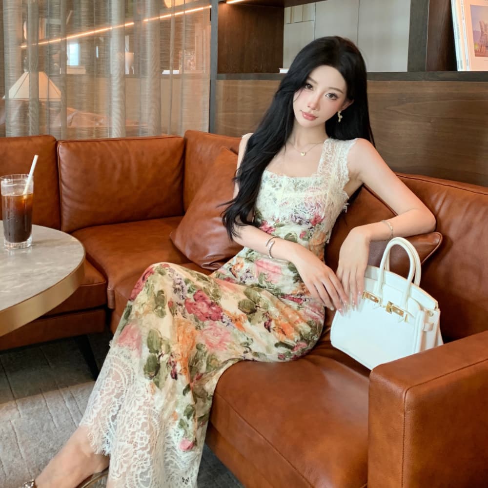 실사 프랑스식 궁정 바람 유화 떠 다니는 꽃 봉오리 실크 패치워크 몸매 가꾸기 품격 전단 꽃 휴가 슬립 드레스