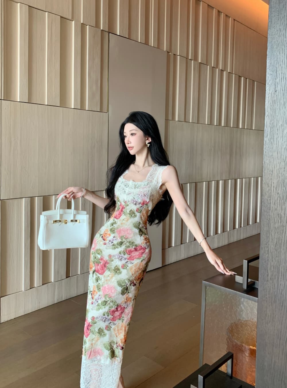 실사 프랑스식 궁정 바람 유화 떠 다니는 꽃 봉오리 실크 패치워크 몸매 가꾸기 품격 전단 꽃 휴가 슬립 드레스 상세 이미지 3