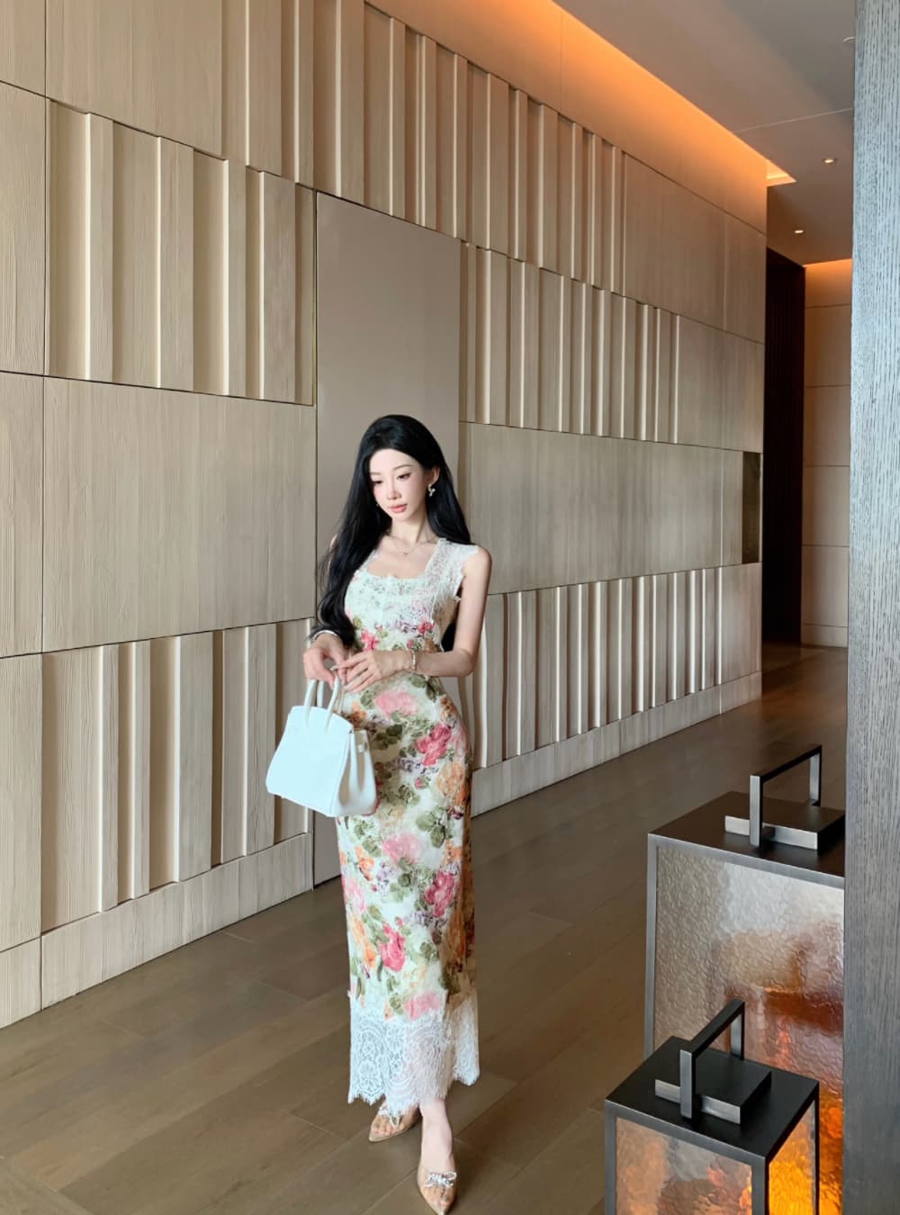 실사 프랑스식 궁정 바람 유화 떠 다니는 꽃 봉오리 실크 패치워크 몸매 가꾸기 품격 전단 꽃 휴가 슬립 드레스 상세 이미지 4