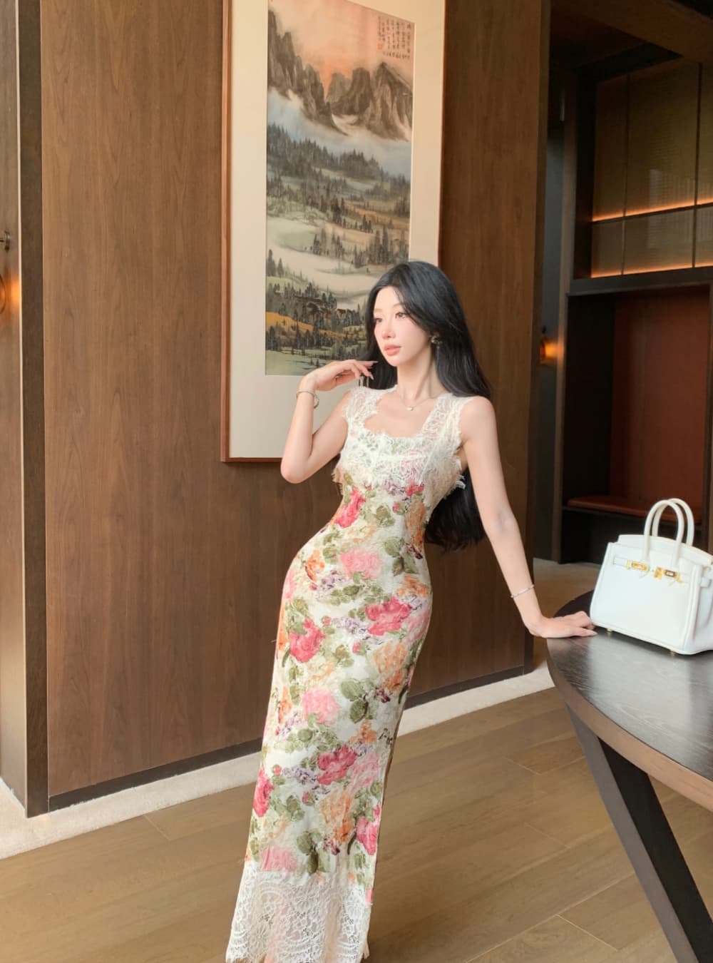 실사 프랑스식 궁정 바람 유화 떠 다니는 꽃 봉오리 실크 패치워크 몸매 가꾸기 품격 전단 꽃 휴가 슬립 드레스 상세 이미지 5