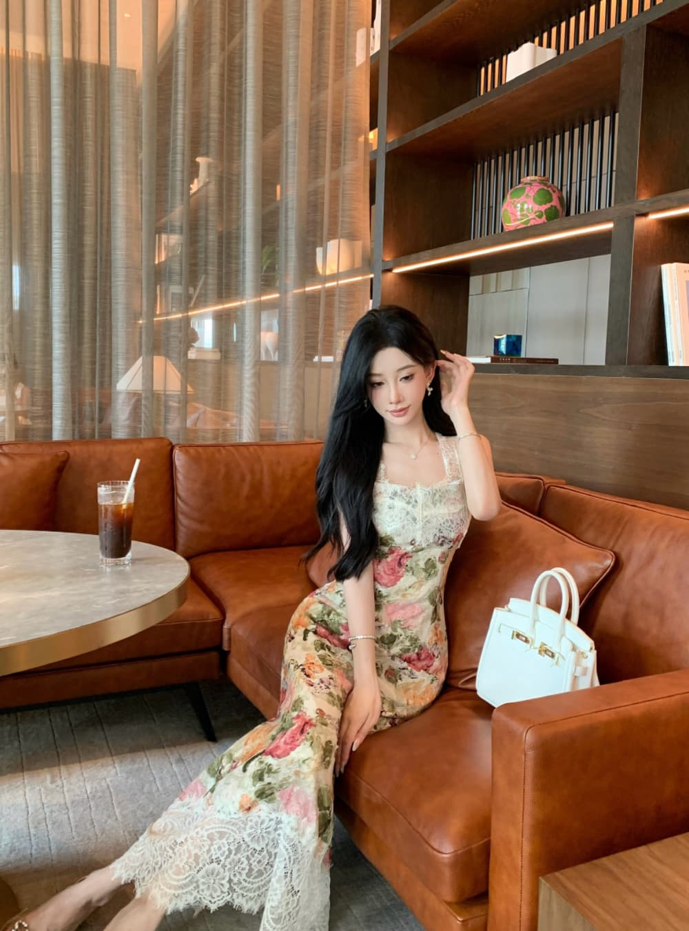 실사 프랑스식 궁정 바람 유화 떠 다니는 꽃 봉오리 실크 패치워크 몸매 가꾸기 품격 전단 꽃 휴가 슬립 드레스 상세 이미지 10