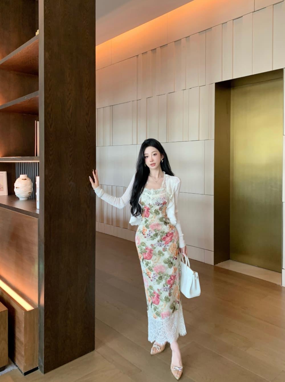 실사 프랑스식 궁정 바람 유화 떠 다니는 꽃 봉오리 실크 패치워크 몸매 가꾸기 품격 전단 꽃 휴가 슬립 드레스 상세 이미지 12