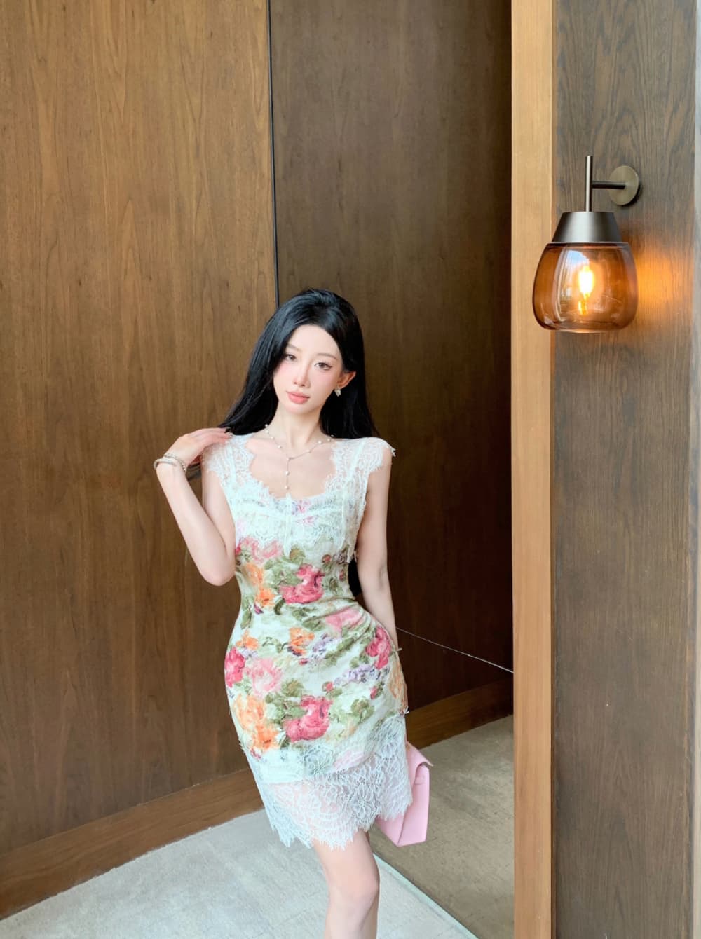 실사 프랑스식 궁정 바람 유화 떠 다니는 꽃 봉오리 실크 패치워크 몸매 가꾸기 품격 전단 꽃 휴가 슬립 드레스 상세 이미지 14