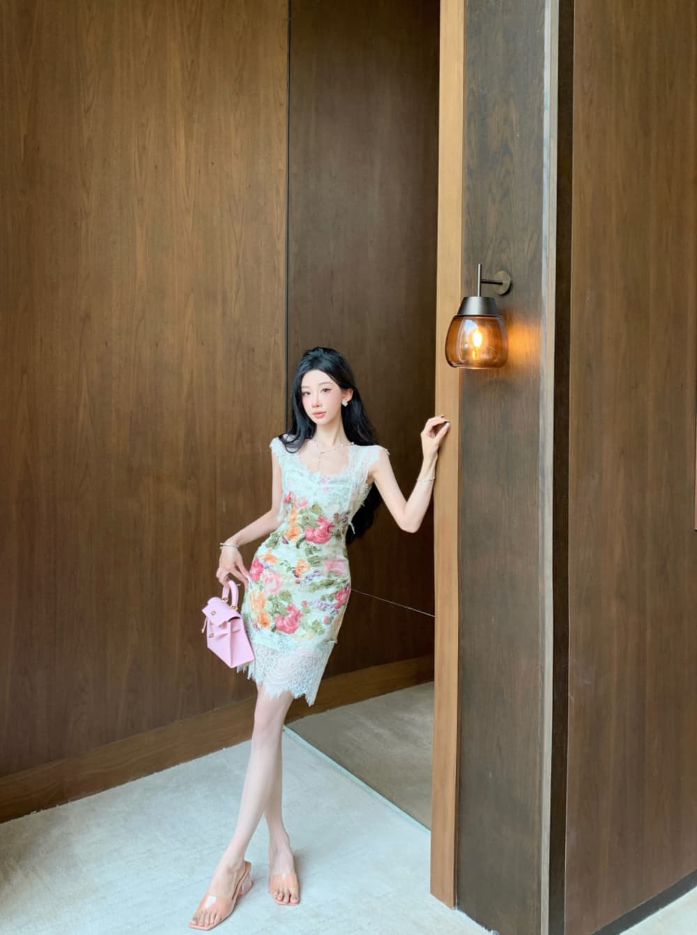 실사 프랑스식 궁정 바람 유화 떠 다니는 꽃 봉오리 실크 패치워크 몸매 가꾸기 품격 전단 꽃 휴가 슬립 드레스 상세 이미지 17