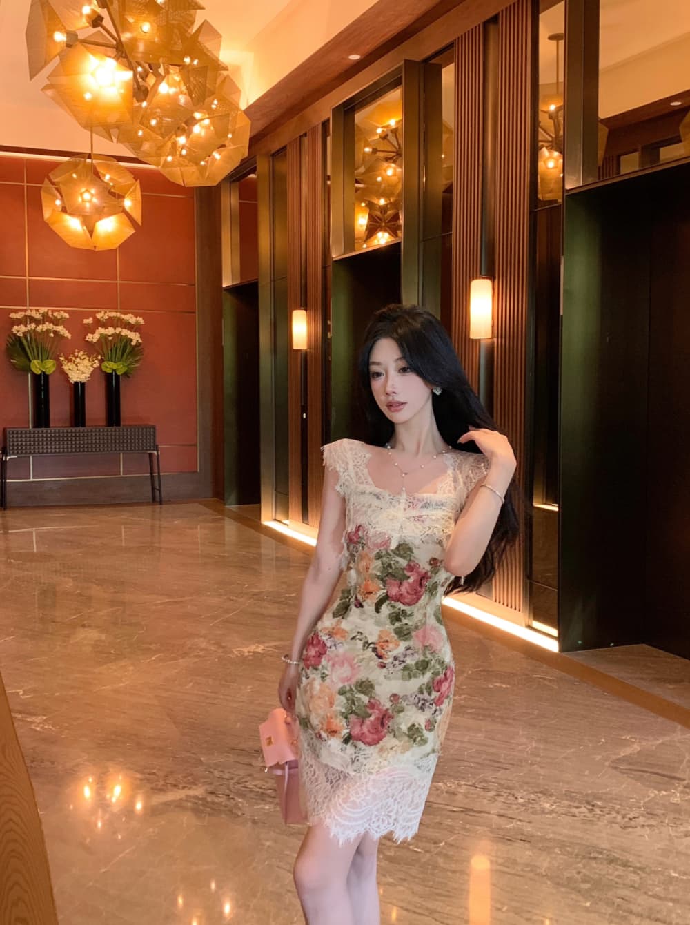 실사 프랑스식 궁정 바람 유화 떠 다니는 꽃 봉오리 실크 패치워크 몸매 가꾸기 품격 전단 꽃 휴가 슬립 드레스 상세 이미지 19