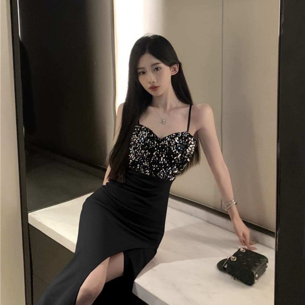 실사 섹시함 빛 럭셔리 고급 센스 스팽글 패치워크 트임 롱 코트 인어 꼬리 진자 예복 치마 로얄 자매 드레스 이미지 2