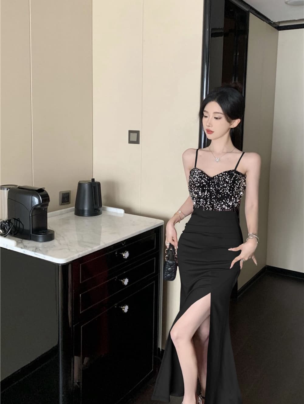 실사 섹시함 빛 럭셔리 고급 센스 스팽글 패치워크 트임 롱 코트 인어 꼬리 진자 예복 치마 로얄 자매 드레스 상세 이미지 4