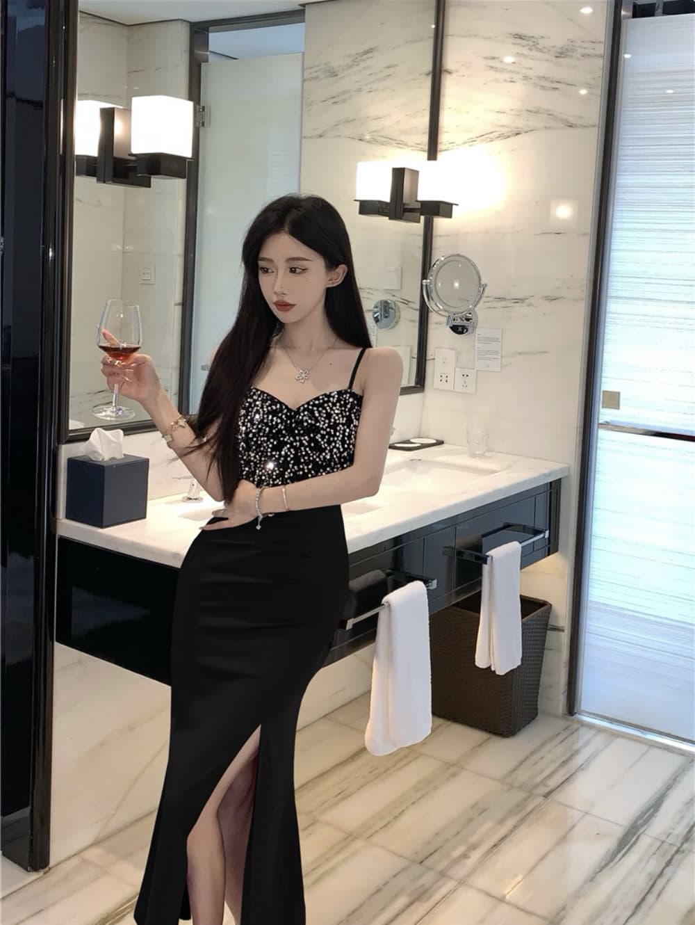 실사 섹시함 빛 럭셔리 고급 센스 스팽글 패치워크 트임 롱 코트 인어 꼬리 진자 예복 치마 로얄 자매 드레스 상세 이미지 6