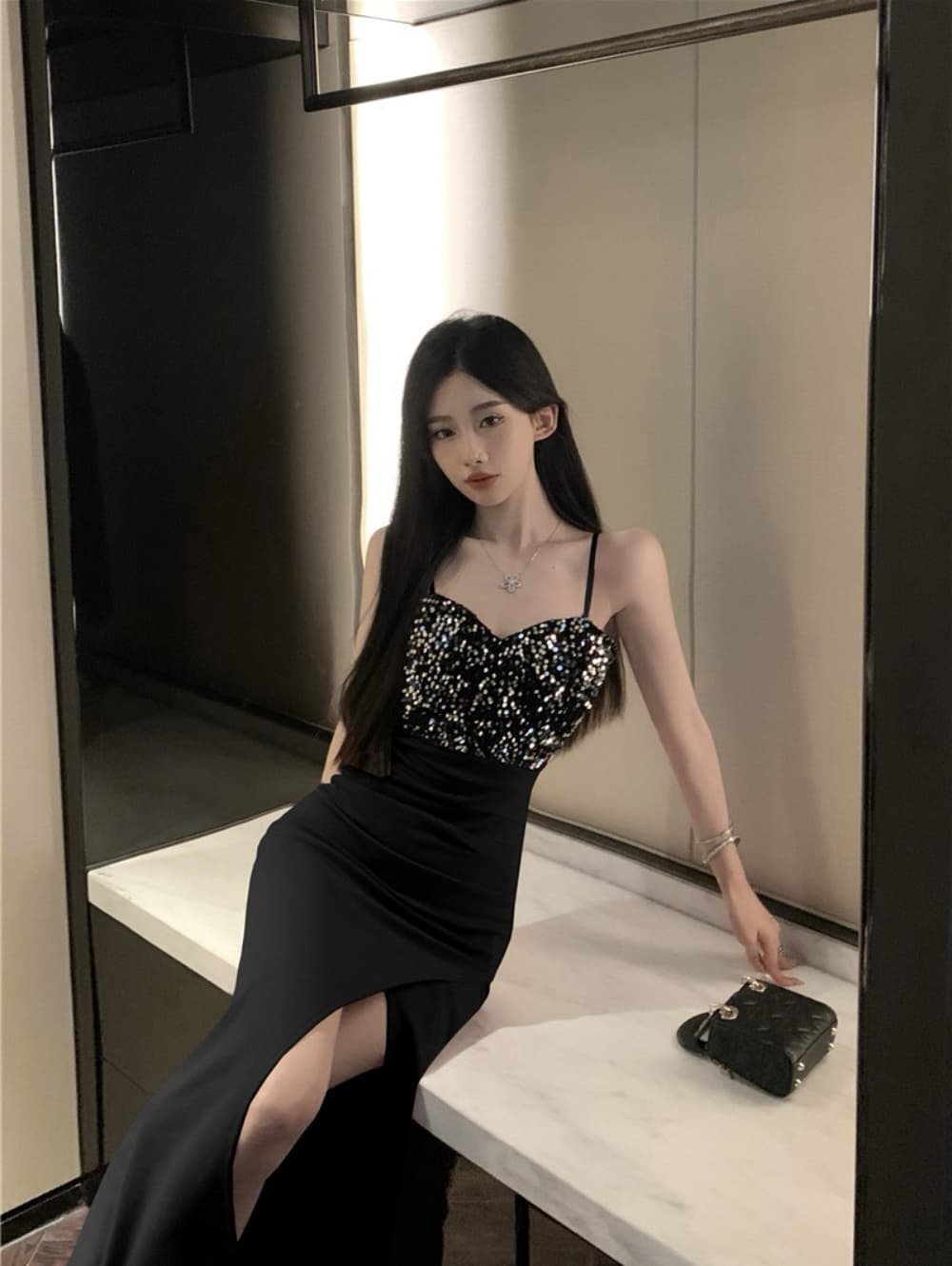 실사 섹시함 빛 럭셔리 고급 센스 스팽글 패치워크 트임 롱 코트 인어 꼬리 진자 예복 치마 로얄 자매 드레스 상세 이미지 7
