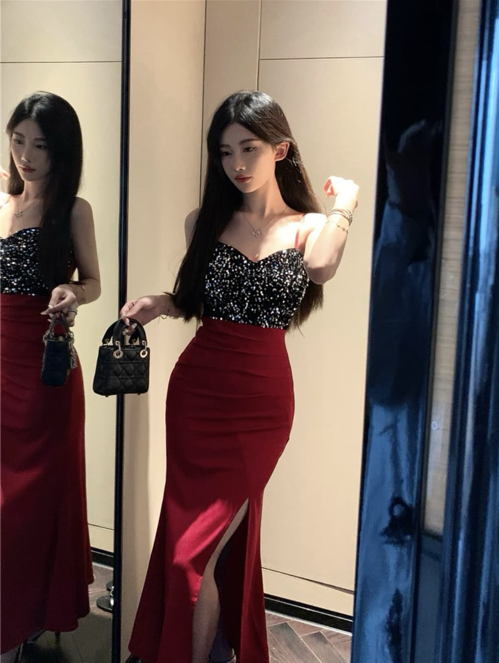 실사 섹시함 빛 럭셔리 고급 센스 스팽글 패치워크 트임 롱 코트 인어 꼬리 진자 예복 치마 로얄 자매 드레스 상세 이미지 10