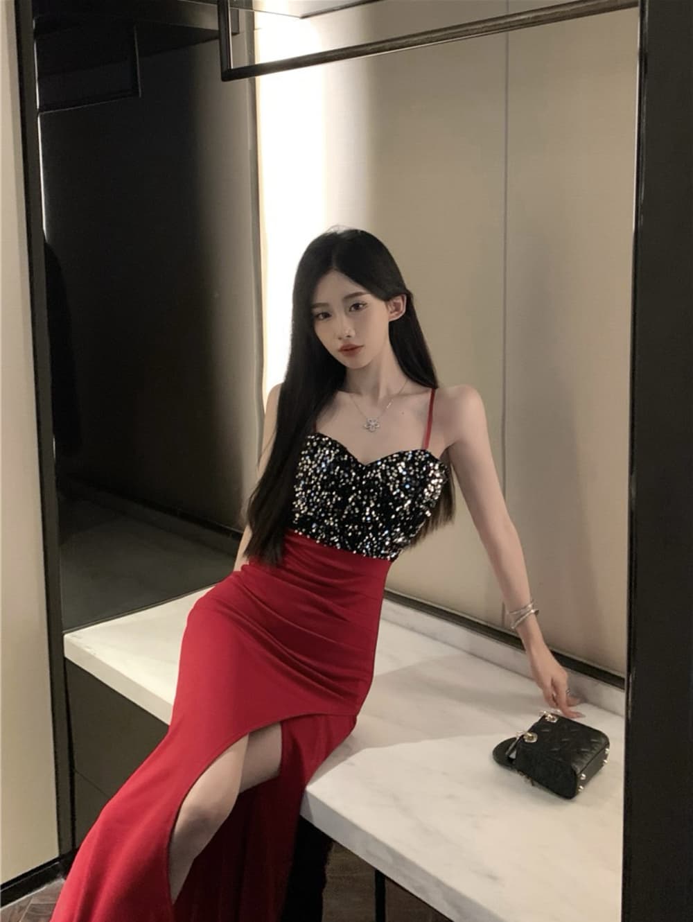 실사 섹시함 빛 럭셔리 고급 센스 스팽글 패치워크 트임 롱 코트 인어 꼬리 진자 예복 치마 로얄 자매 드레스 상세 이미지 12