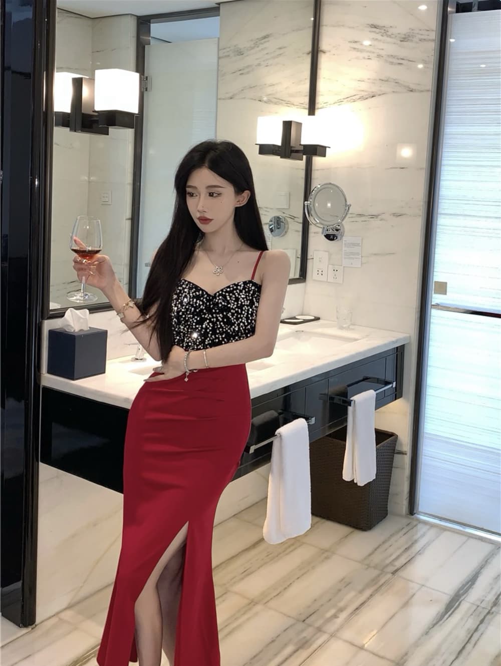 실사 섹시함 빛 럭셔리 고급 센스 스팽글 패치워크 트임 롱 코트 인어 꼬리 진자 예복 치마 로얄 자매 드레스 상세 이미지 13