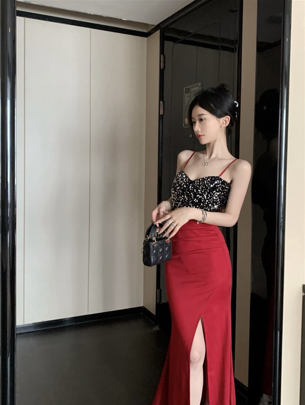 실사 섹시함 빛 럭셔리 고급 센스 스팽글 패치워크 트임 롱 코트 인어 꼬리 진자 예복 치마 로얄 자매 드레스 상세 이미지 15