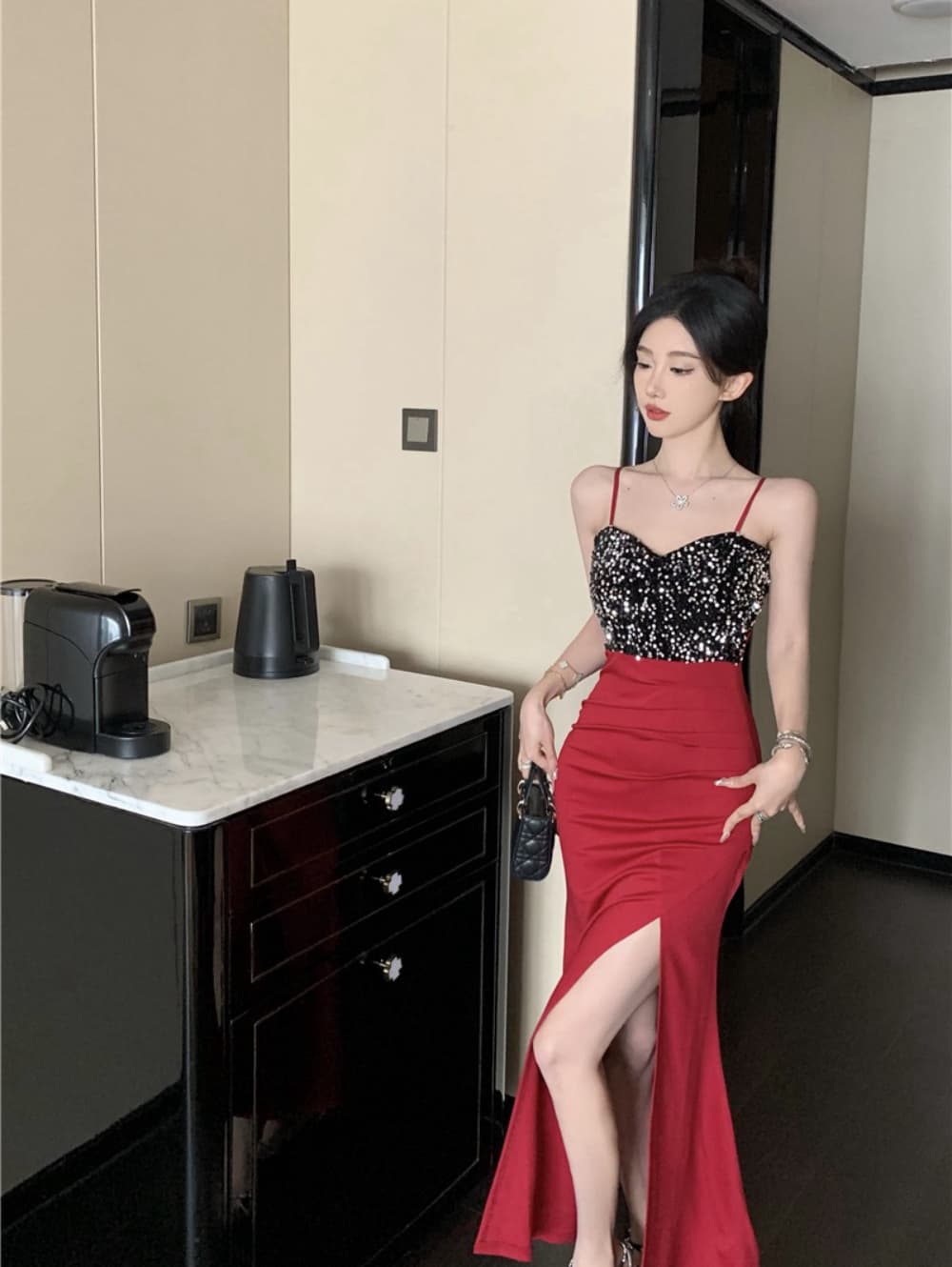실사 섹시함 빛 럭셔리 고급 센스 스팽글 패치워크 트임 롱 코트 인어 꼬리 진자 예복 치마 로얄 자매 드레스 상세 이미지 16