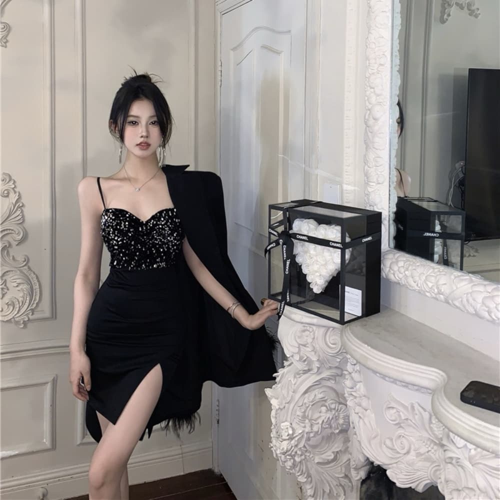 실사 섹시함 빛 럭셔리 고급 센스 스팽글 패치워크 트임 드레스 복장 연회 작은 드레스 치마 이미지 3