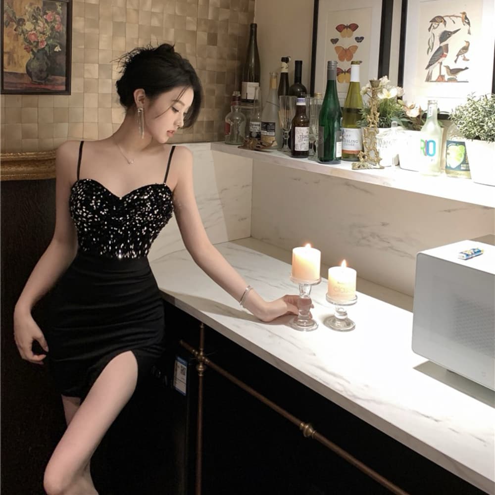 실사 섹시함 빛 럭셔리 고급 센스 스팽글 패치워크 트임 드레스 복장 연회 작은 드레스 치마 이미지 2