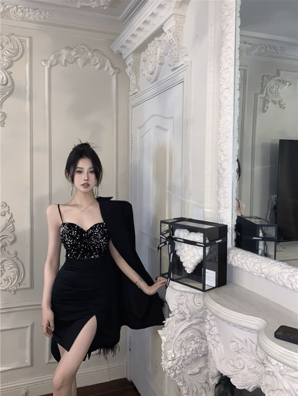 실사 섹시함 빛 럭셔리 고급 센스 스팽글 패치워크 트임 드레스 복장 연회 작은 드레스 치마 상세 이미지 1