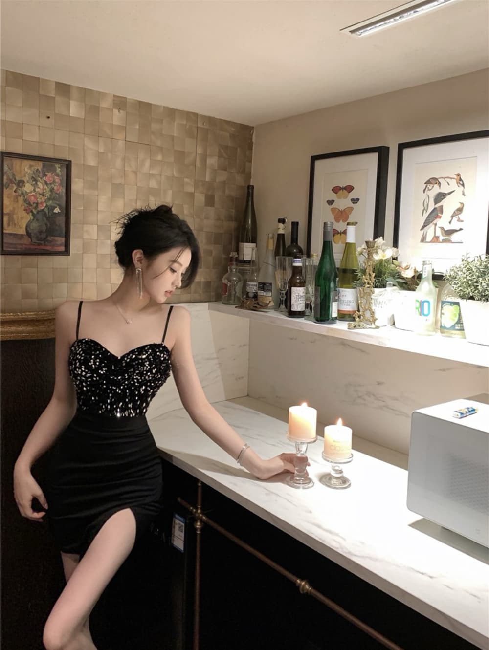 실사 섹시함 빛 럭셔리 고급 센스 스팽글 패치워크 트임 드레스 복장 연회 작은 드레스 치마 상세 이미지 2