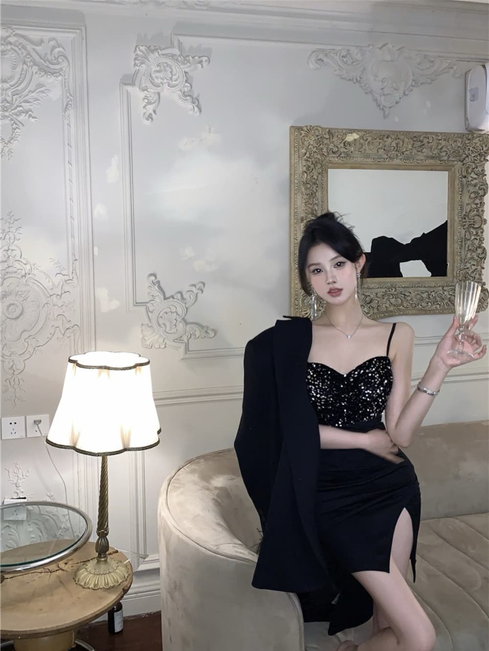 실사 섹시함 빛 럭셔리 고급 센스 스팽글 패치워크 트임 드레스 복장 연회 작은 드레스 치마 상세 이미지 6