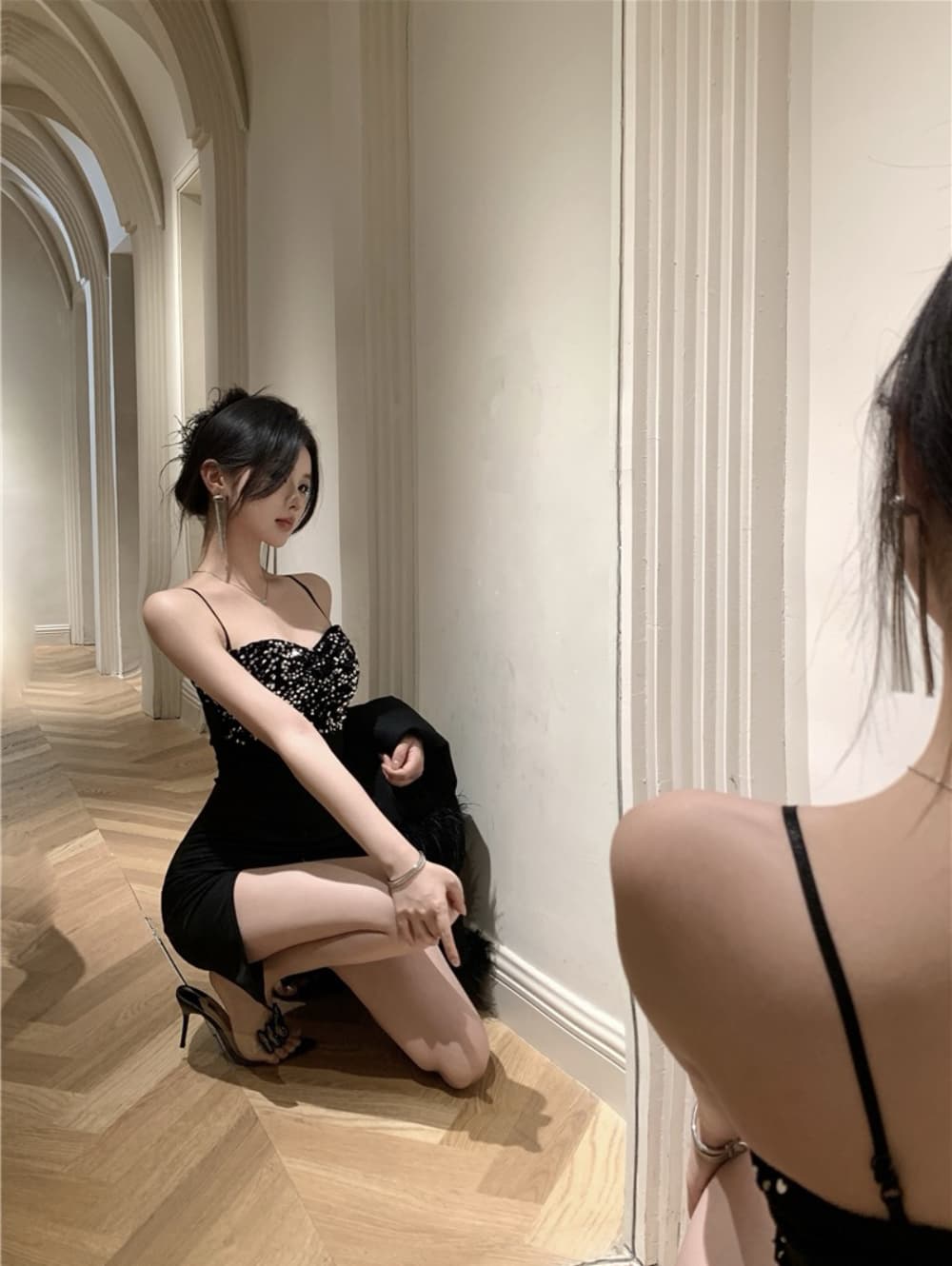 실사 섹시함 빛 럭셔리 고급 센스 스팽글 패치워크 트임 드레스 복장 연회 작은 드레스 치마 상세 이미지 10