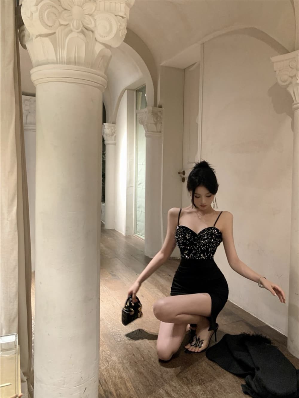 실사 섹시함 빛 럭셔리 고급 센스 스팽글 패치워크 트임 드레스 복장 연회 작은 드레스 치마 상세 이미지 12